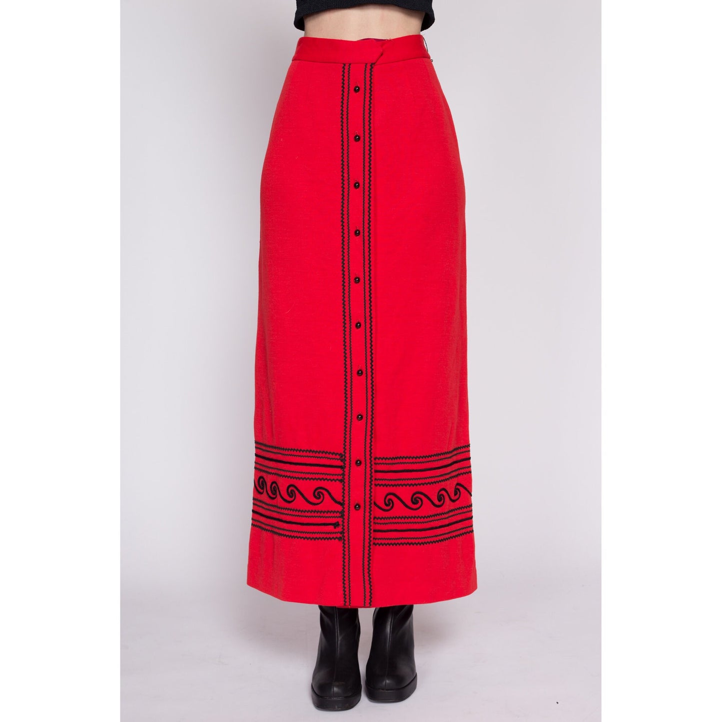 XS 60s Red Ric Rac Maxi Skirt 25" | Vintage 1960s Jo Hardin Boho High Waisted Button Front Hostess Skirt