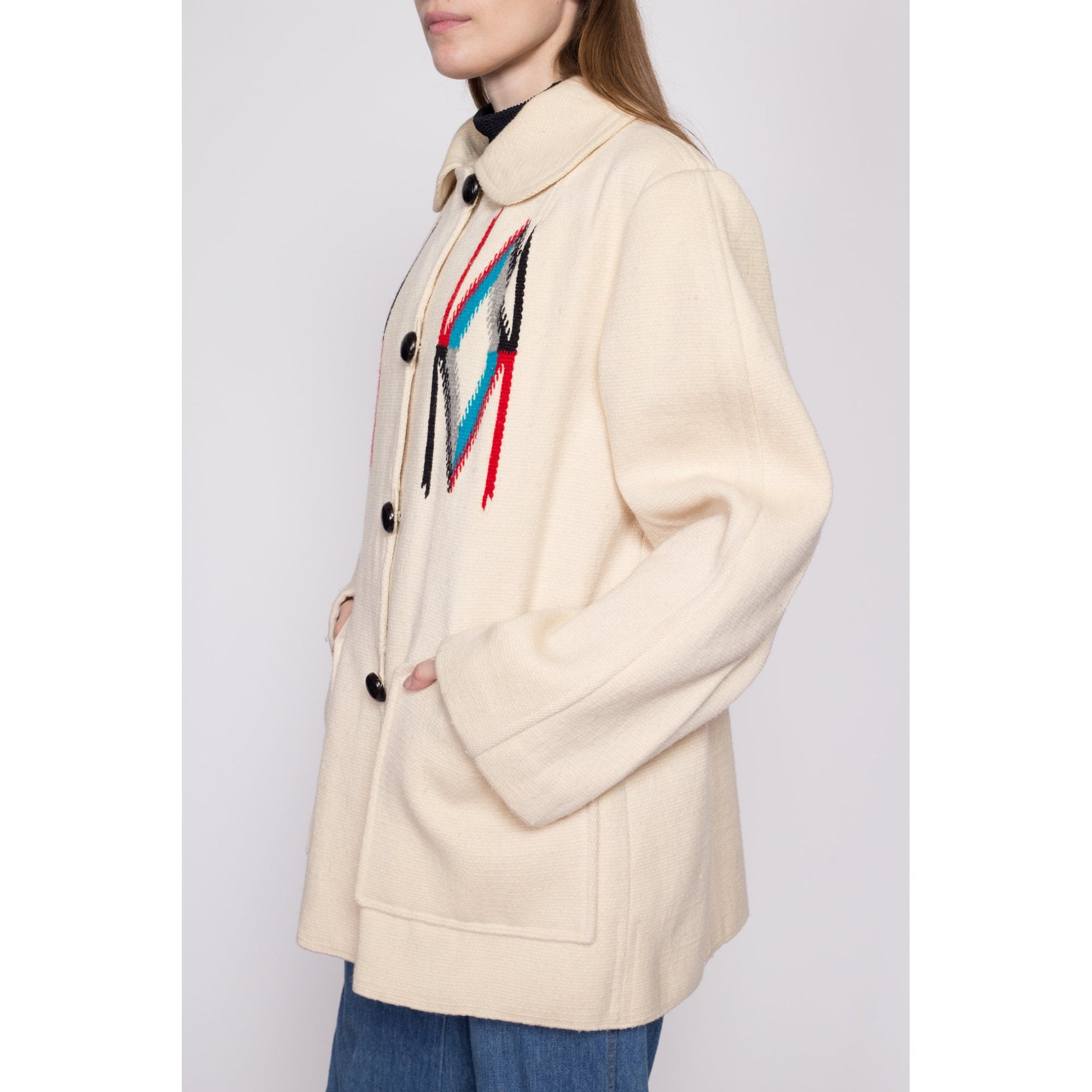L-XL 70s Chimayo Blanket Coat Unisex | Vintage 1970s Southwestern Wool Button Up Jacket