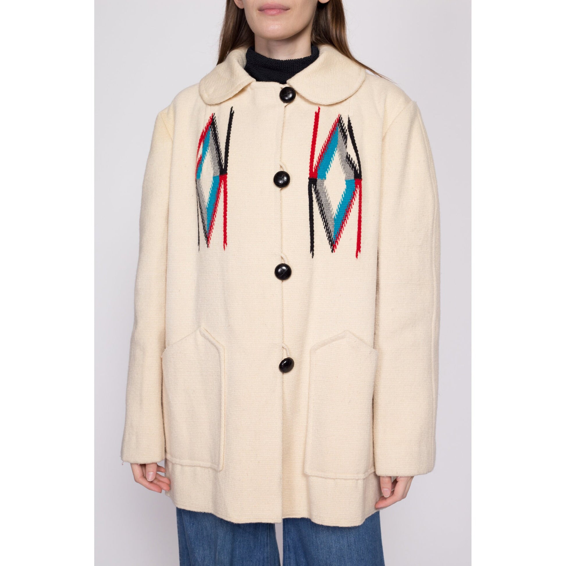 L-XL 70s Chimayo Blanket Coat Unisex | Vintage 1970s Southwestern Wool Button Up Jacket