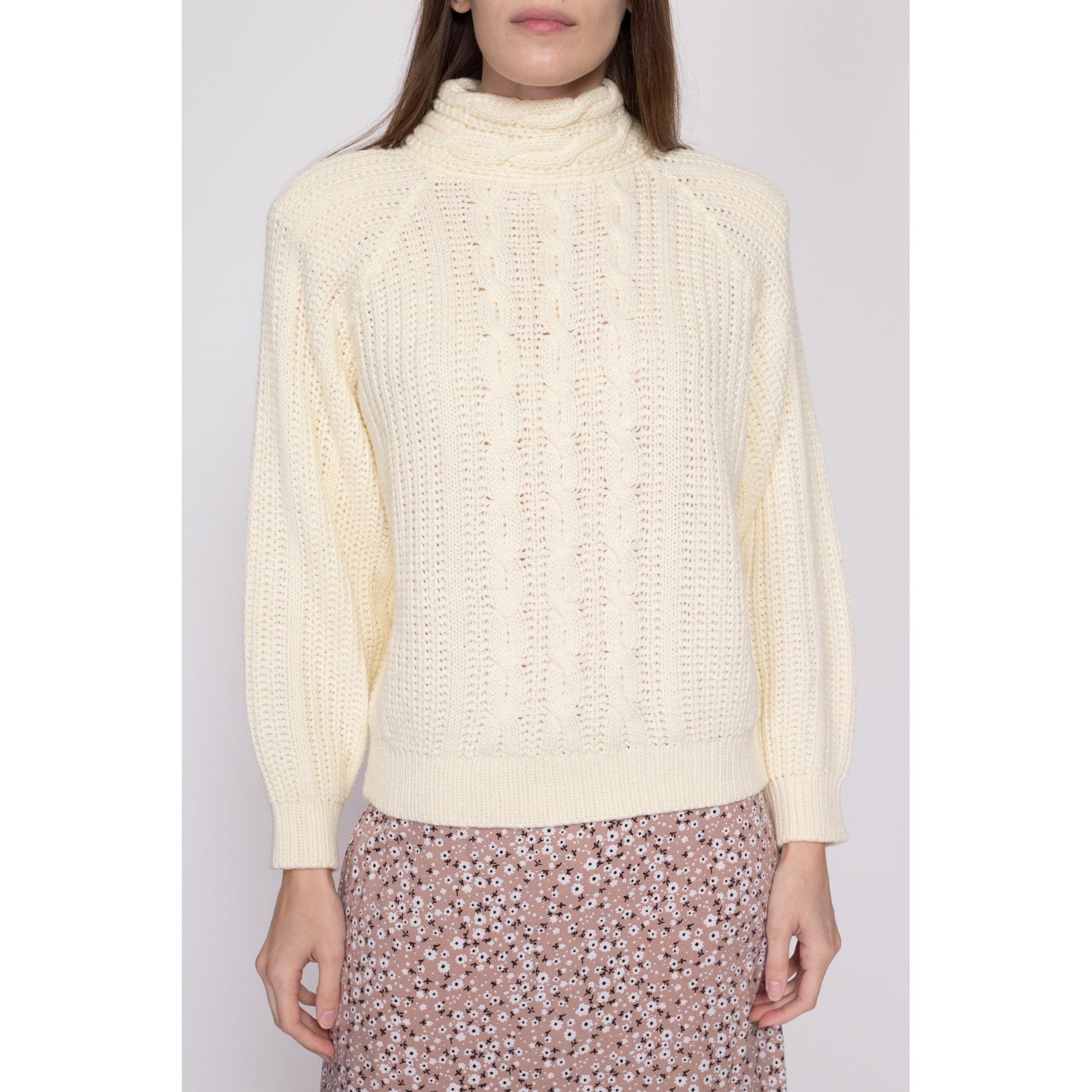 Medium 80s Cable Knit Turtleneck Sweater | Vintage Cream Knit Pullover Jumper