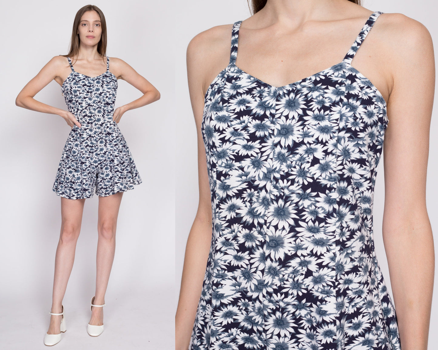 Petite Medium 90s Blue Daisy Floral Romper | Vintage Spaghetti Strap Mini Summer Playsuit