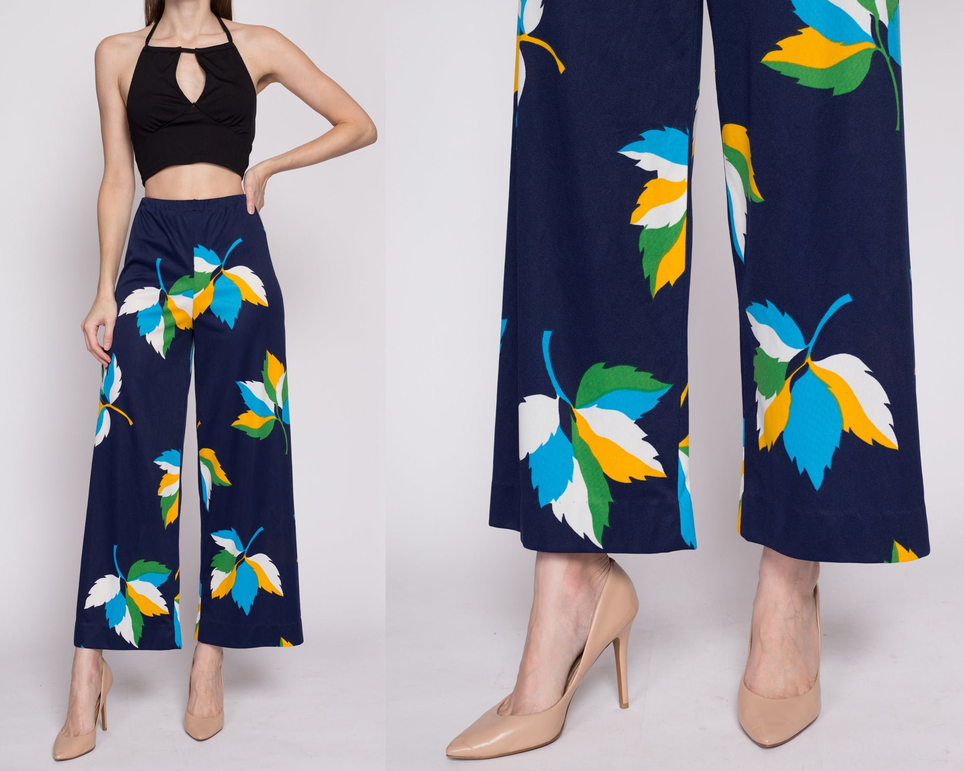 Sm-Med 70s Leaf Print Flared Pants | Vintage High Waisted Boho Elastic Polyester Trousers