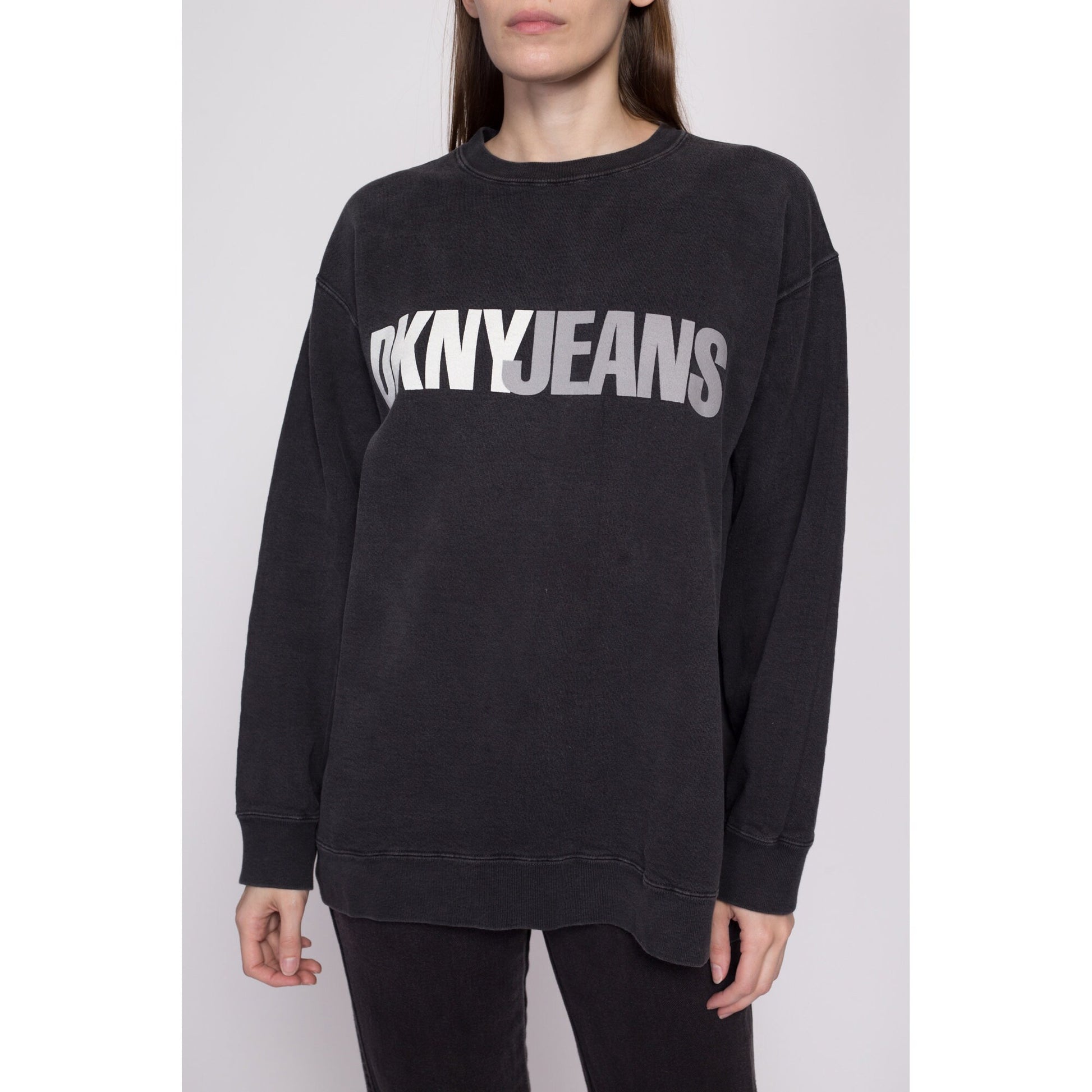 One Size 90s DKNY Jeans Black Crewneck Sweatshirt | Vintage Spell Out Big Logo Oversize Pullover