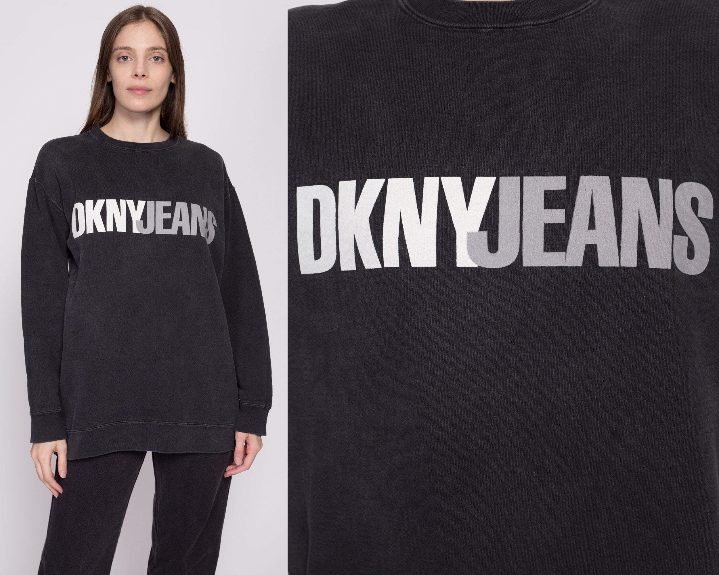 One Size 90s DKNY Jeans Black Crewneck Sweatshirt Flying Apple