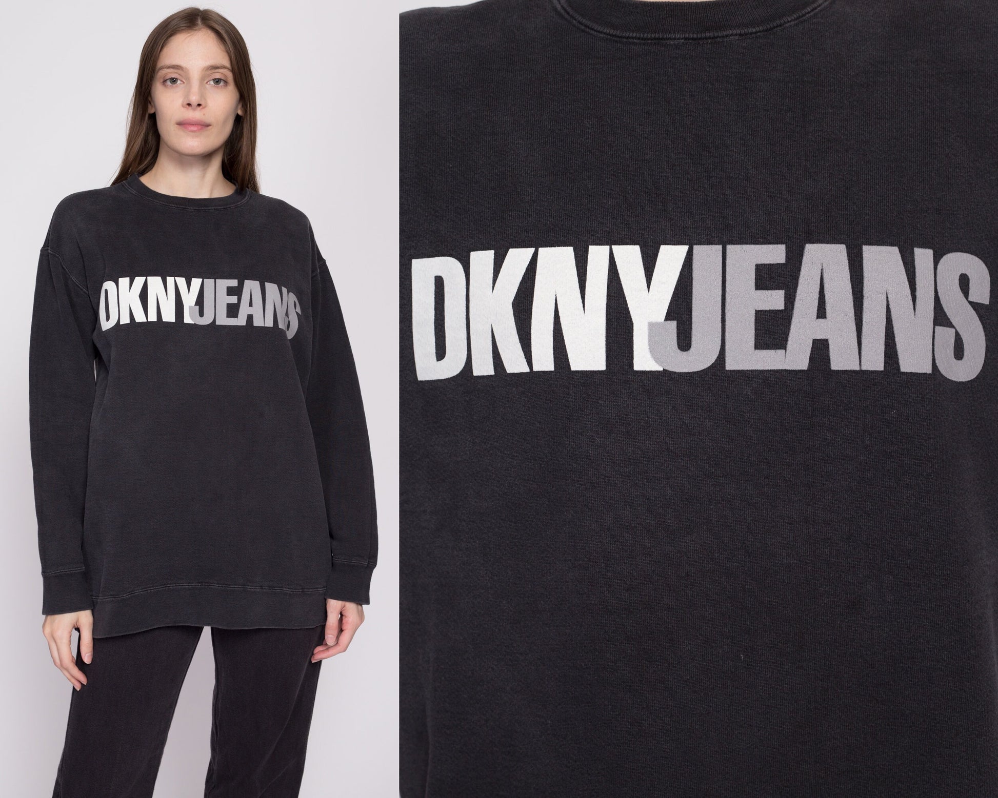 One Size 90s DKNY Jeans Black Crewneck Sweatshirt | Vintage Spell Out Big Logo Oversize Pullover