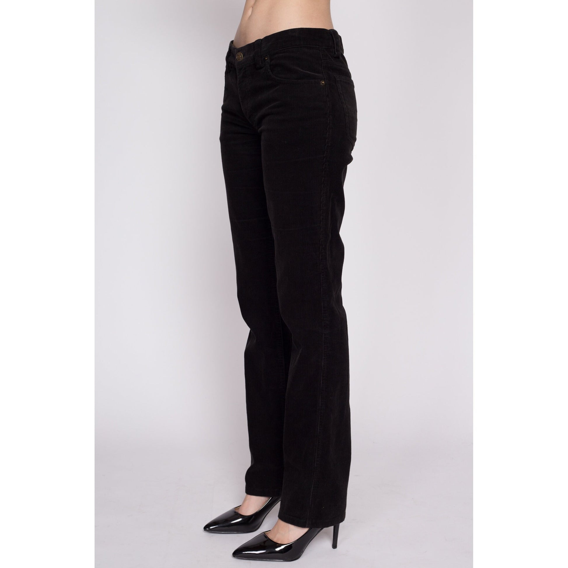 Small Y2K Ralph Lauren Black Corduroy Pants | Vintage Low Rise Tapered Leg Trousers