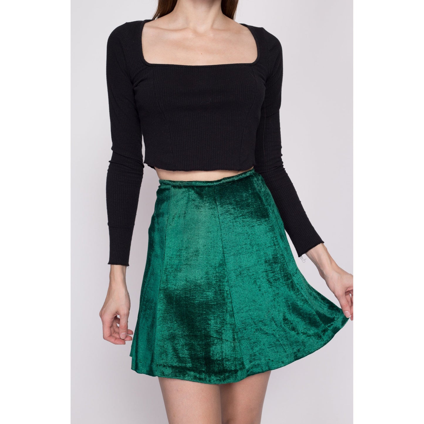 Small 60s Green Velvet Mini Skirt 26" | Vintage Jewel Tone High Waisted A Line Flowy Skater Miniskirt