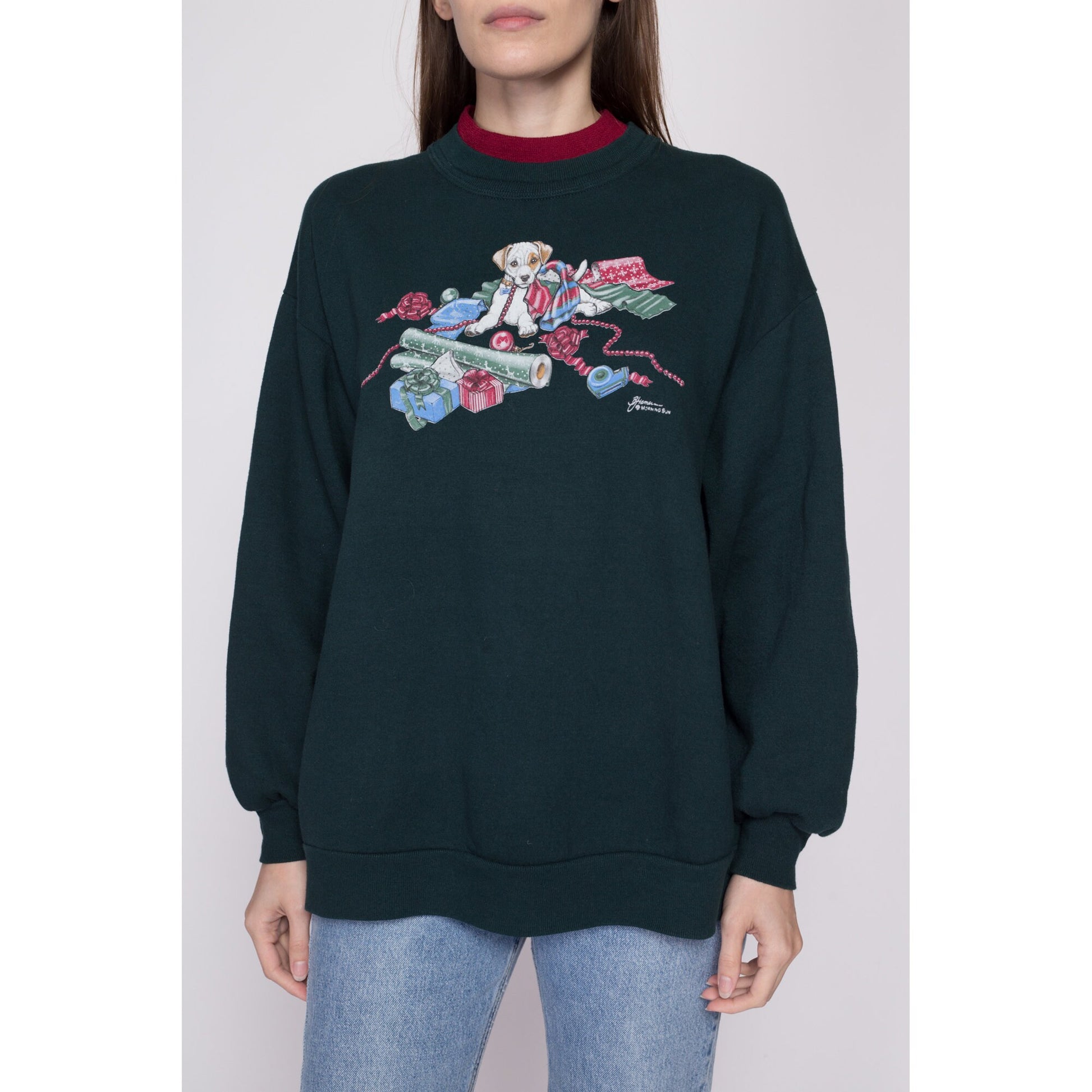 1X 90s Christmas Puppy Sweatshirt | Vintage Green Animal Graphic Collared Pullover