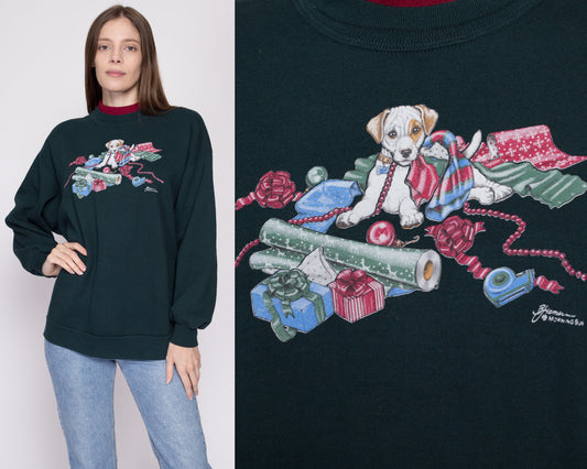 1X 90s Christmas Puppy Sweatshirt | Vintage Green Animal Graphic Collared Pullover