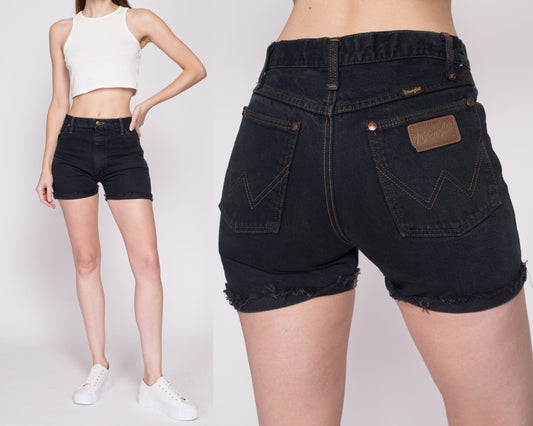 Small Vintage Wrangler Cuffed Jean Shorts | 80s 90s Faded Black Cotton Denim Shorts