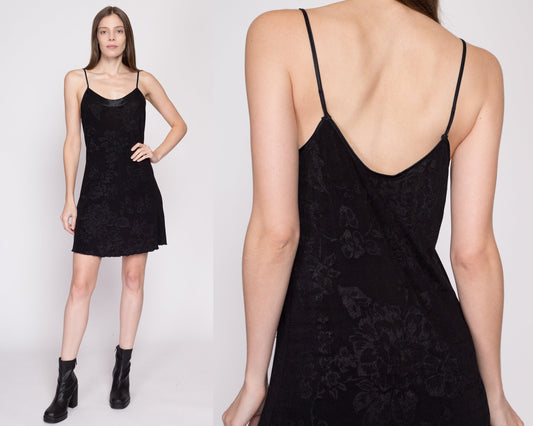 Medium 90s Black Floral Slinky Slip Dress | Vintage Sheer Satin Trim Lettuce Hem Stretchy Mini Dress