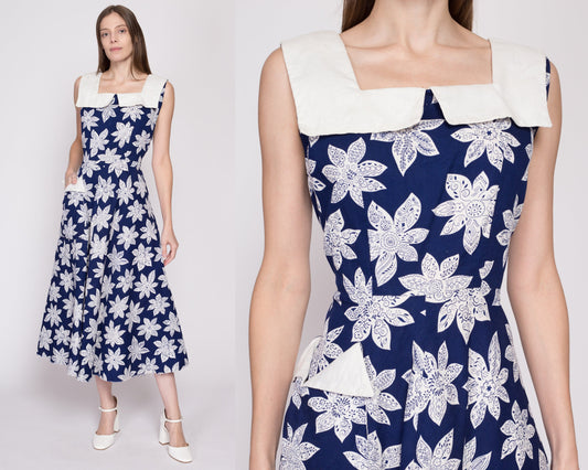 Med-Lrg 1940s Navy Blue Floral Sailor Collared Dress | Vintage 40s Tea Length Retro Sleeveless Pocket Midi Dress