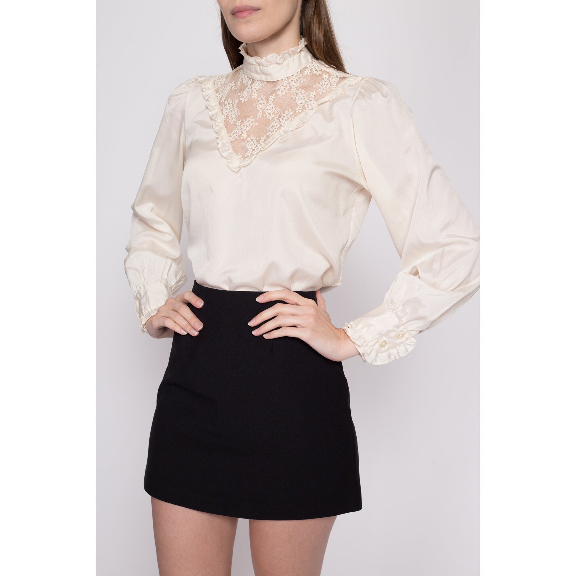 Small 70s Does Victorian Ivory Lace Trim Blouse | Vintage Long Sleeve Boho High Collar Top