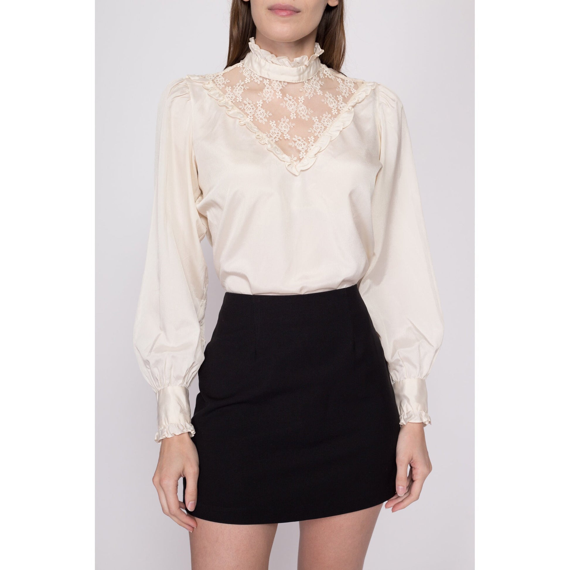 Small 70s Does Victorian Ivory Lace Trim Blouse | Vintage Long Sleeve Boho High Collar Top
