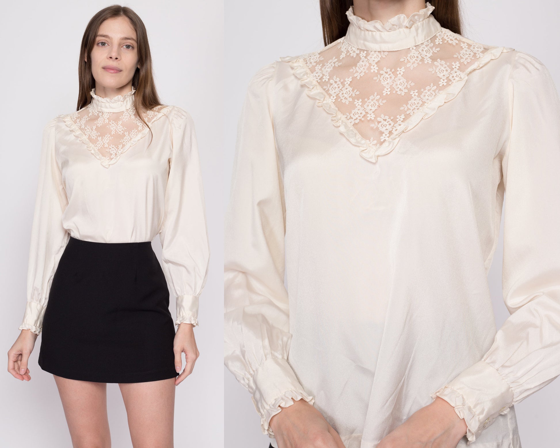 Small 70s Does Victorian Ivory Lace Trim Blouse | Vintage Long Sleeve Boho High Collar Top