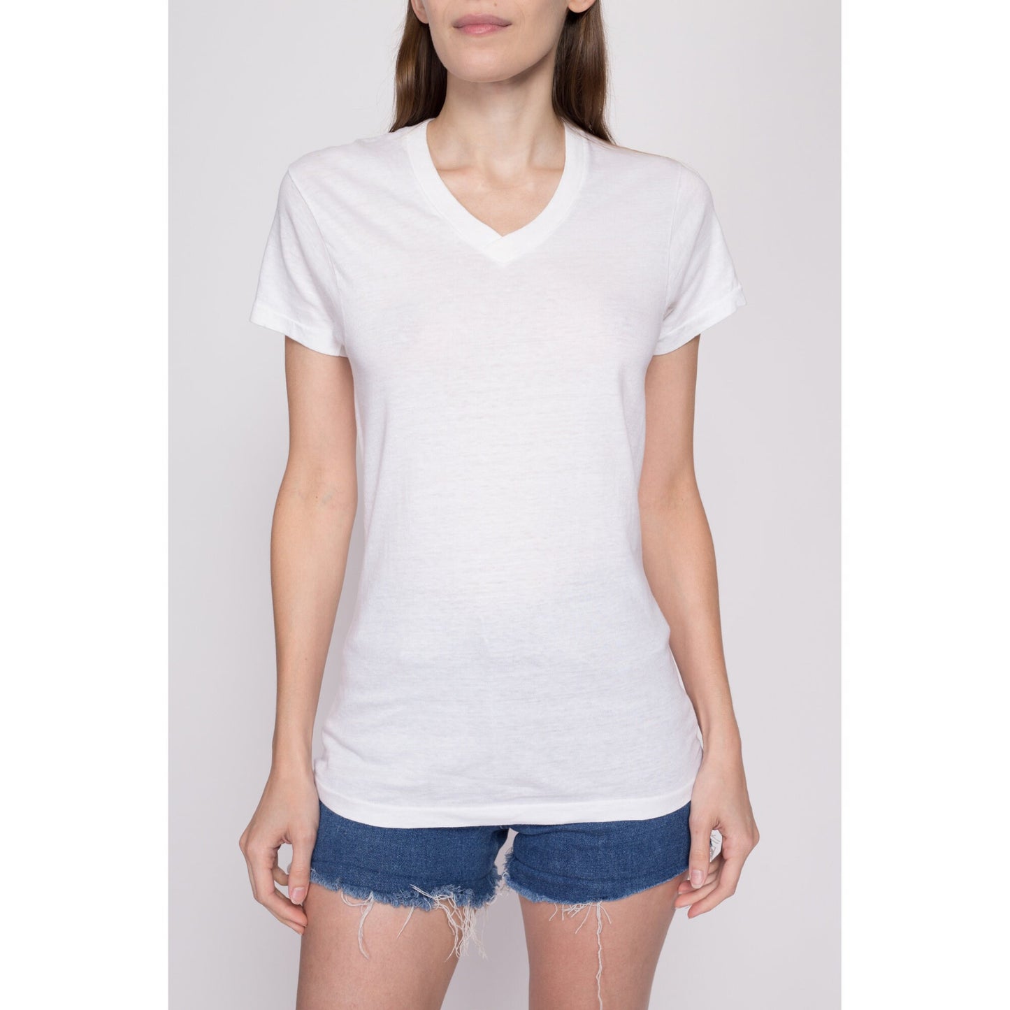 Small 80s Calvin Klein Blank White T Shirt Unisex | Vintage Single Stitch Plain V Neck Tee Threadbare Undershirt