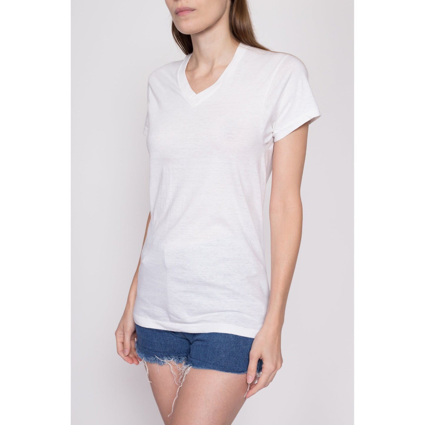Small 80s Calvin Klein Blank White T Shirt Unisex | Vintage Single Stitch Plain V Neck Tee Threadbare Undershirt