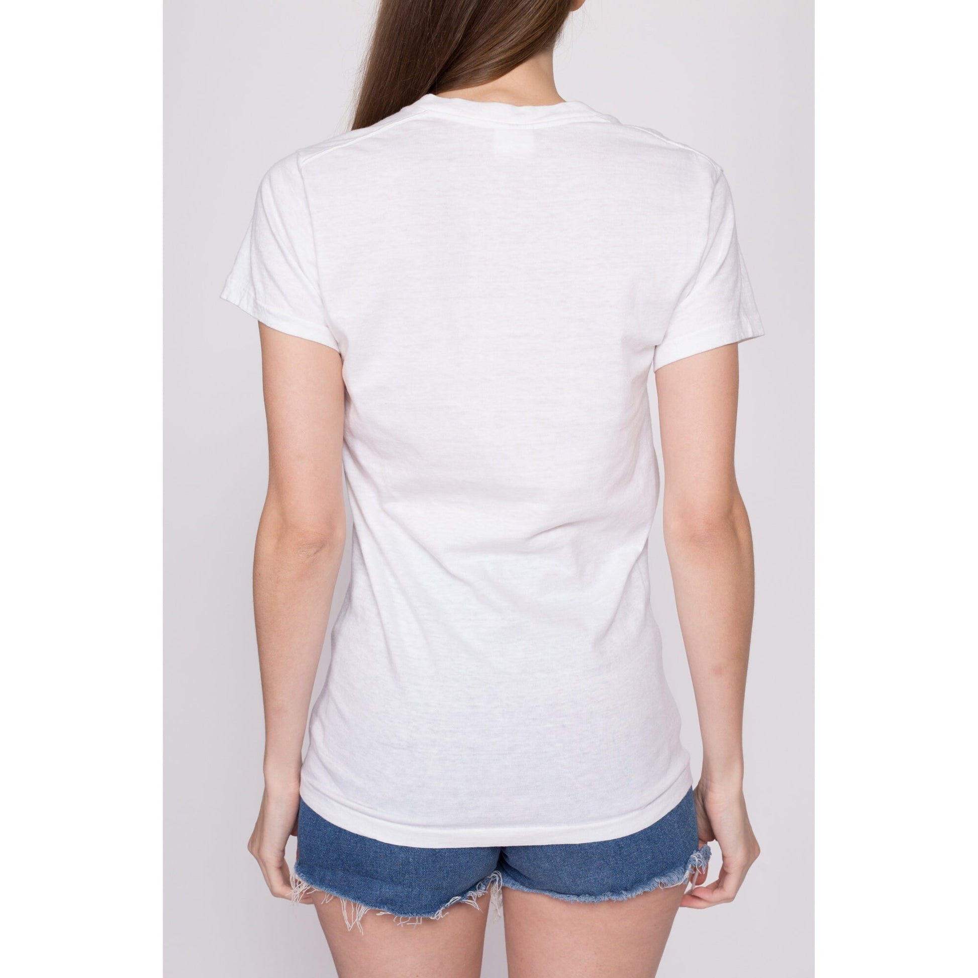 Small 80s Calvin Klein Blank White T Shirt Unisex | Vintage Single Stitch Plain V Neck Tee Threadbare Undershirt