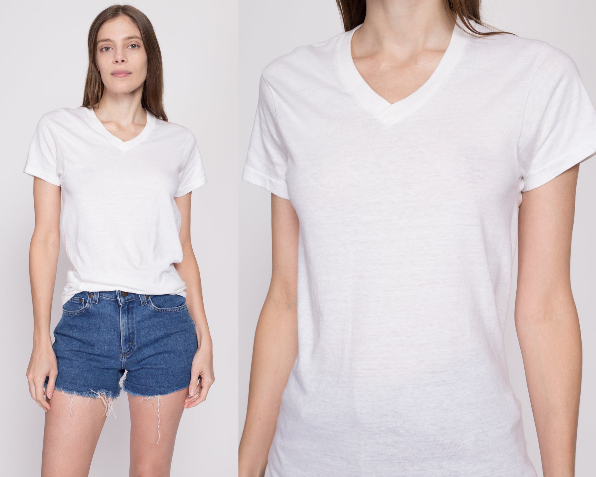 Small 80s Calvin Klein Blank White T Shirt Unisex | Vintage Single Stitch Plain V Neck Tee Threadbare Undershirt