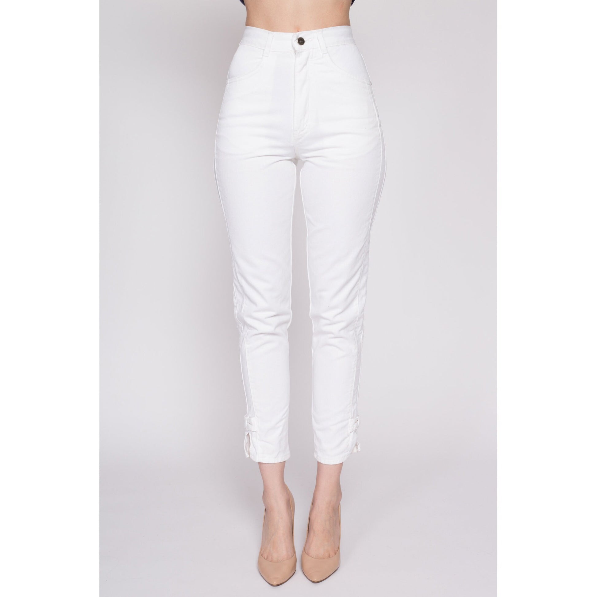 XS 80s Chic White Ankle Bow Skinny Jeans 24" | Vintage Denim High Waisted Slim Jeans