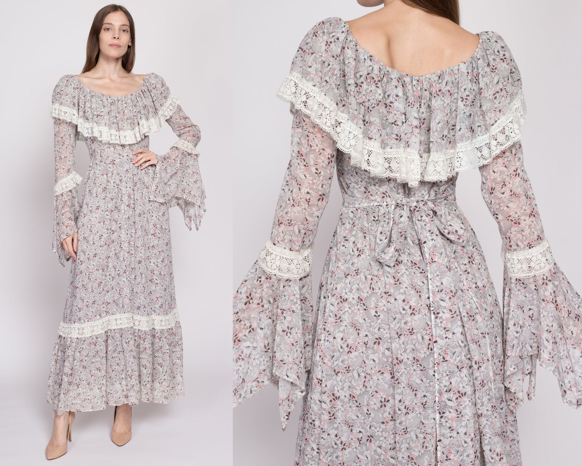 Small 70s Boho Grey Floral Angel Sleeve Maxi Dress | Vintage Long Sleeve A Line Prairie Hippie Gown