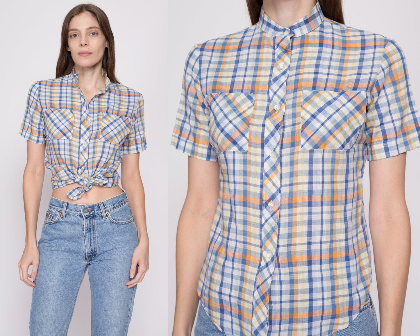 Small 70s Plaid Button Up Top | Retro Vintage Short Sleeve Chest Pocket Shirt
