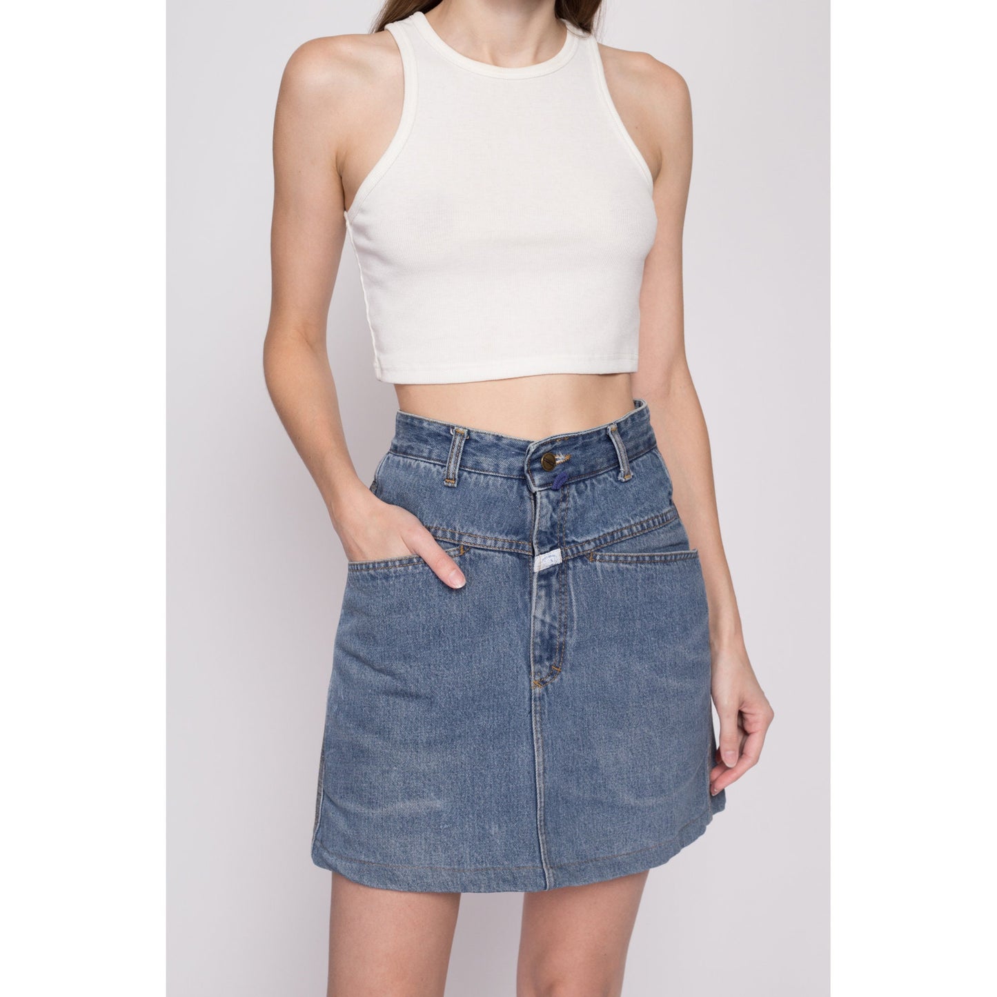 Small 90s Marithe Francois Girbaud Jean Mini Skirt 26" | Vintage Complements MFG Designer High Waisted A Line Denim Skirt