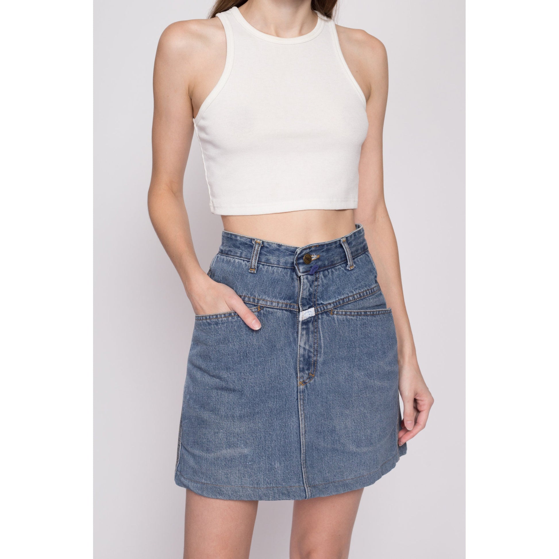 Small 90s Marithe Francois Girbaud Jean Mini Skirt 26" | Vintage Complements MFG Designer High Waisted A Line Denim Skirt