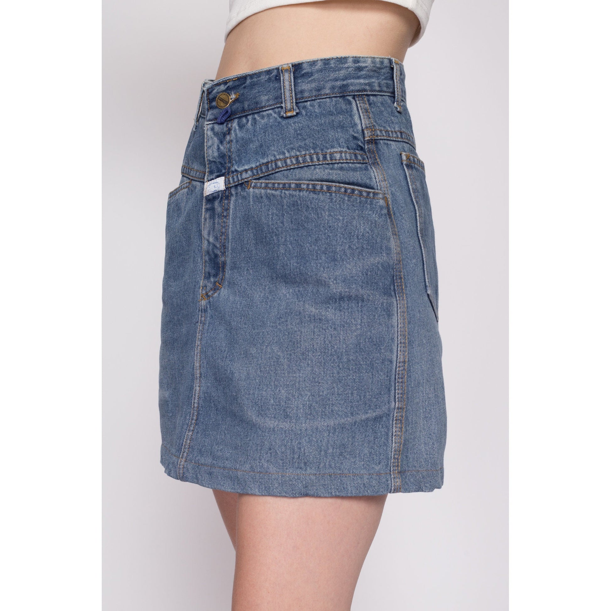 Small 90s Marithe Francois Girbaud Jean Mini Skirt 26" | Vintage Complements MFG Designer High Waisted A Line Denim Skirt