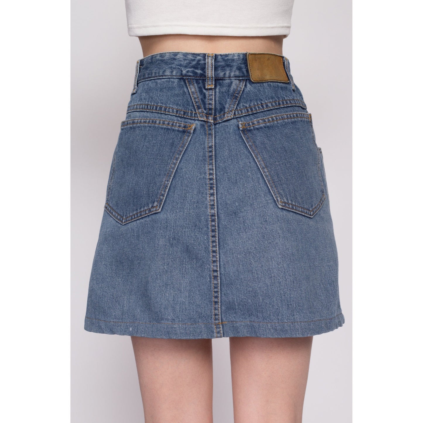 Small 90s Marithe Francois Girbaud Jean Mini Skirt 26" | Vintage Complements MFG Designer High Waisted A Line Denim Skirt