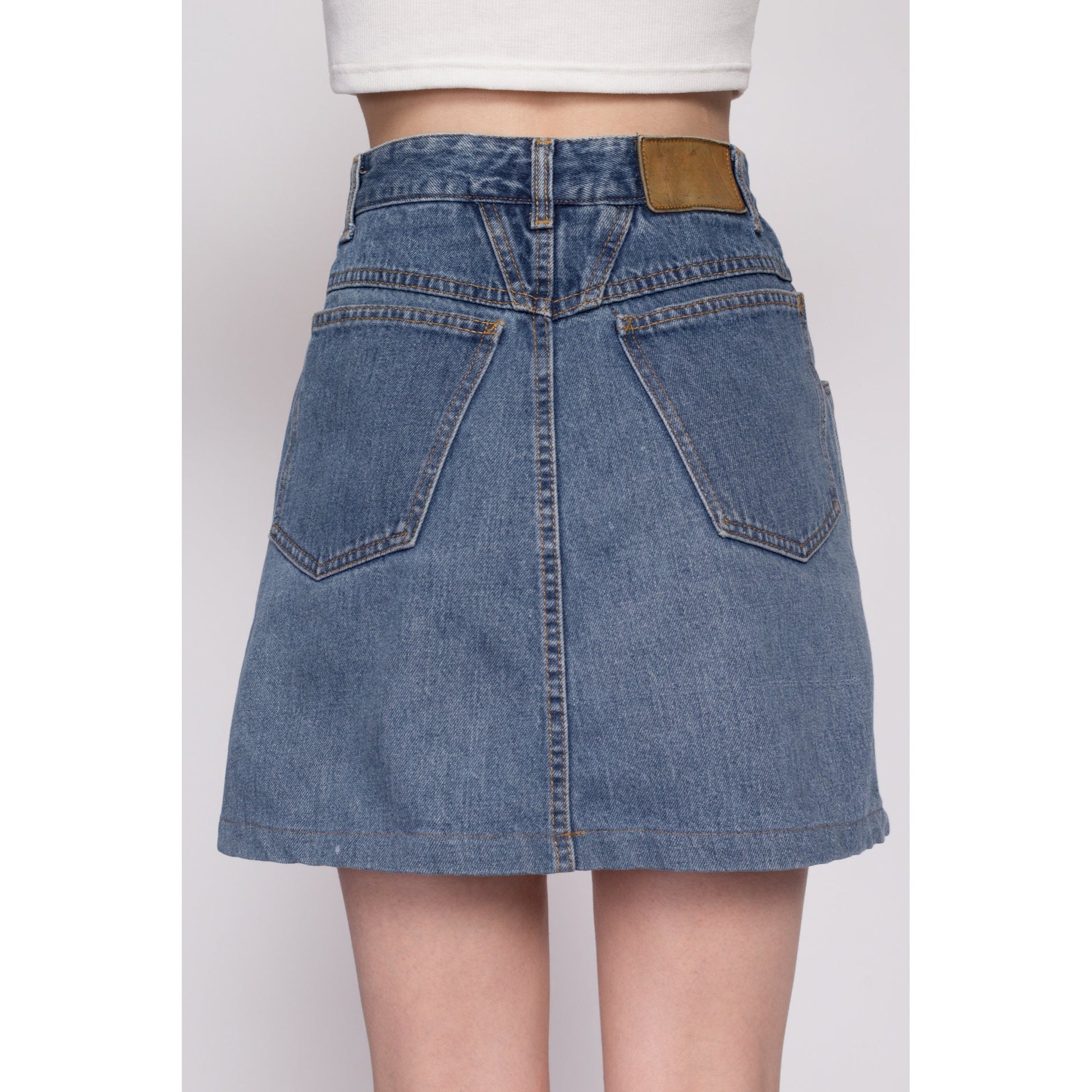 Small 90s Marithe Francois Girbaud Jean Mini Skirt 26" | Vintage Complements MFG Designer High Waisted A Line Denim Skirt