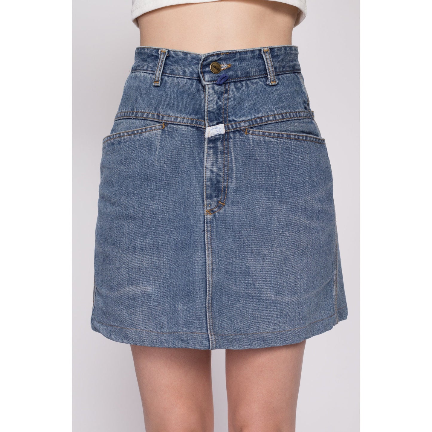 Small 90s Marithe Francois Girbaud Jean Mini Skirt 26" | Vintage Complements MFG Designer High Waisted A Line Denim Skirt