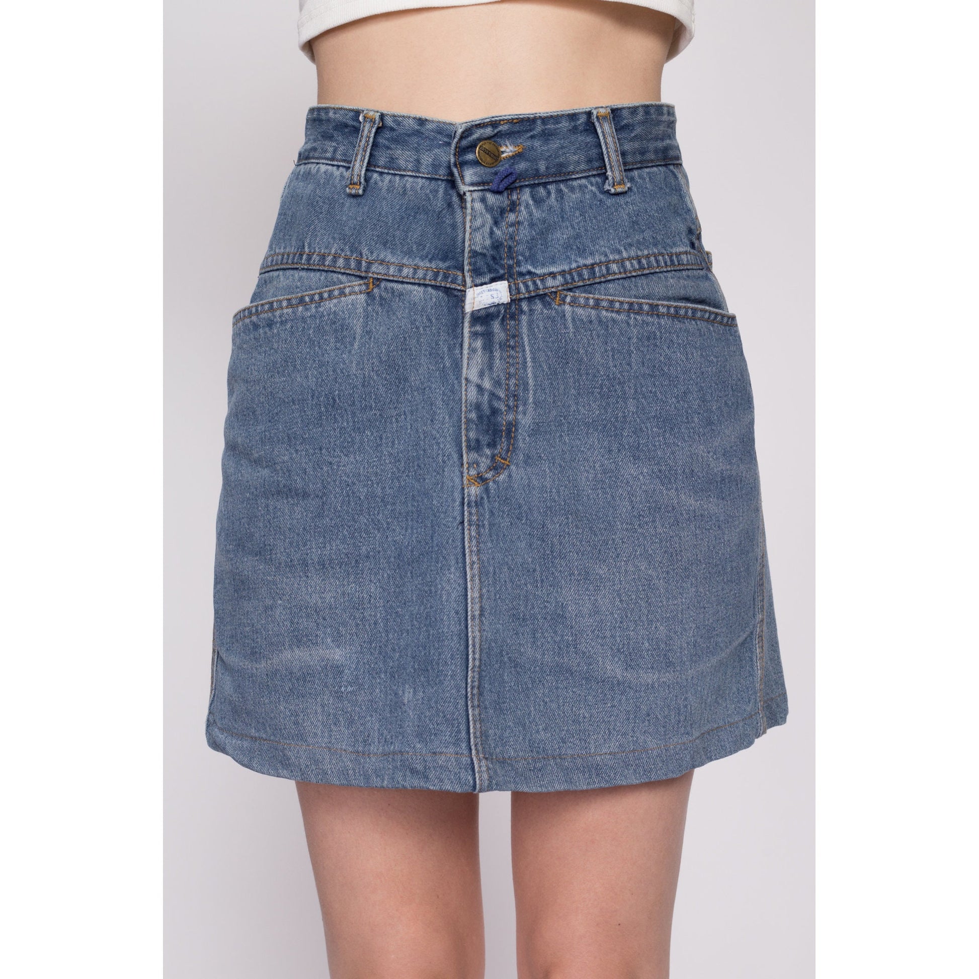 Small 90s Marithe Francois Girbaud Jean Mini Skirt 26" | Vintage Complements MFG Designer High Waisted A Line Denim Skirt