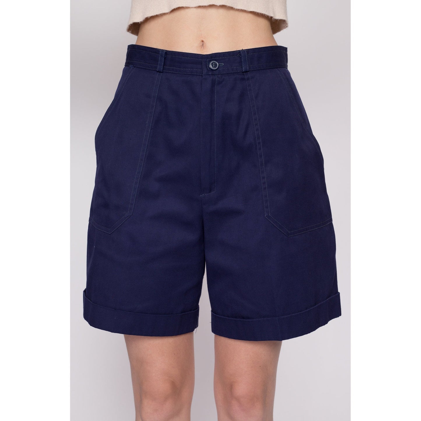 Small 80s High Waisted Navy Blue Pleated Shorts 27" | Vintage Casual Plain Cuffed Shorts