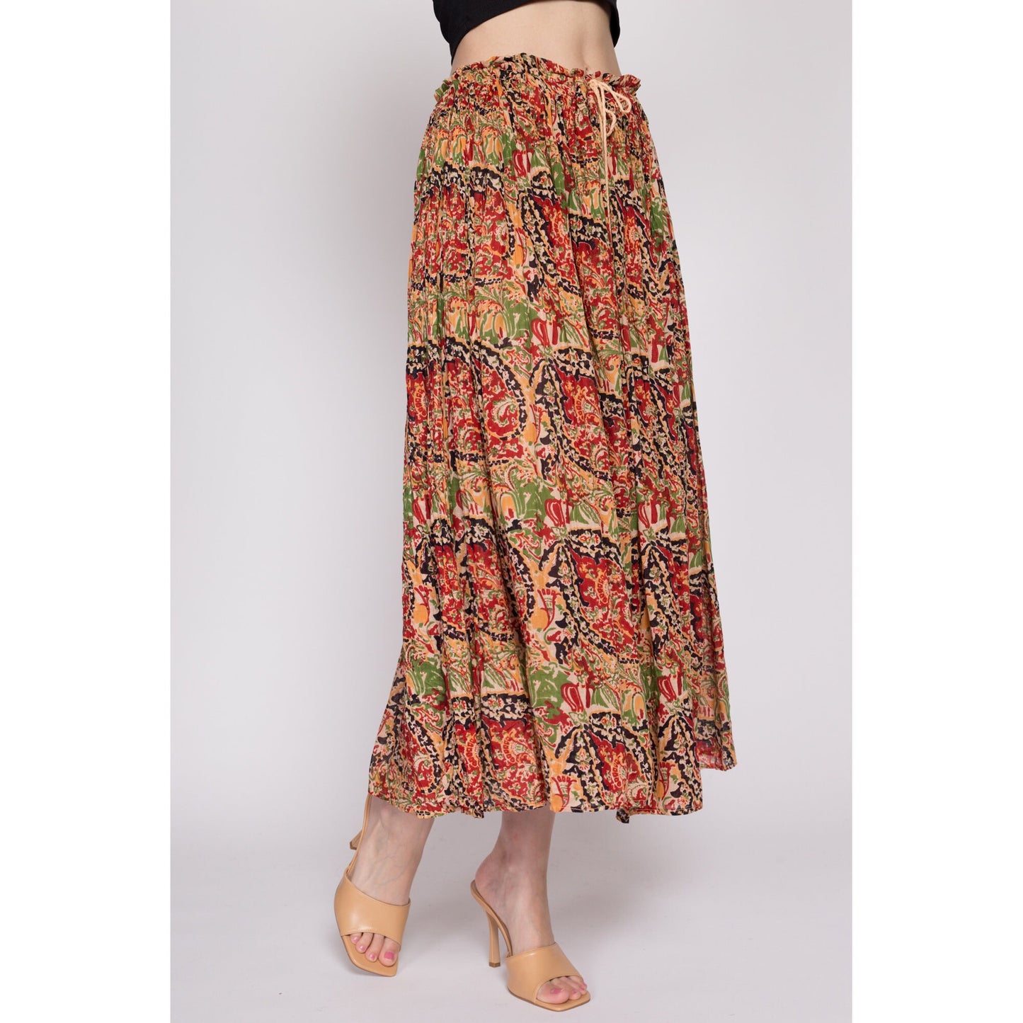 One Size 90s Boho Gauzy Cotton Broomstick Skirt | Vintage Made In India Sheer Crinkle Boho Festival Midi Maxi Skirt