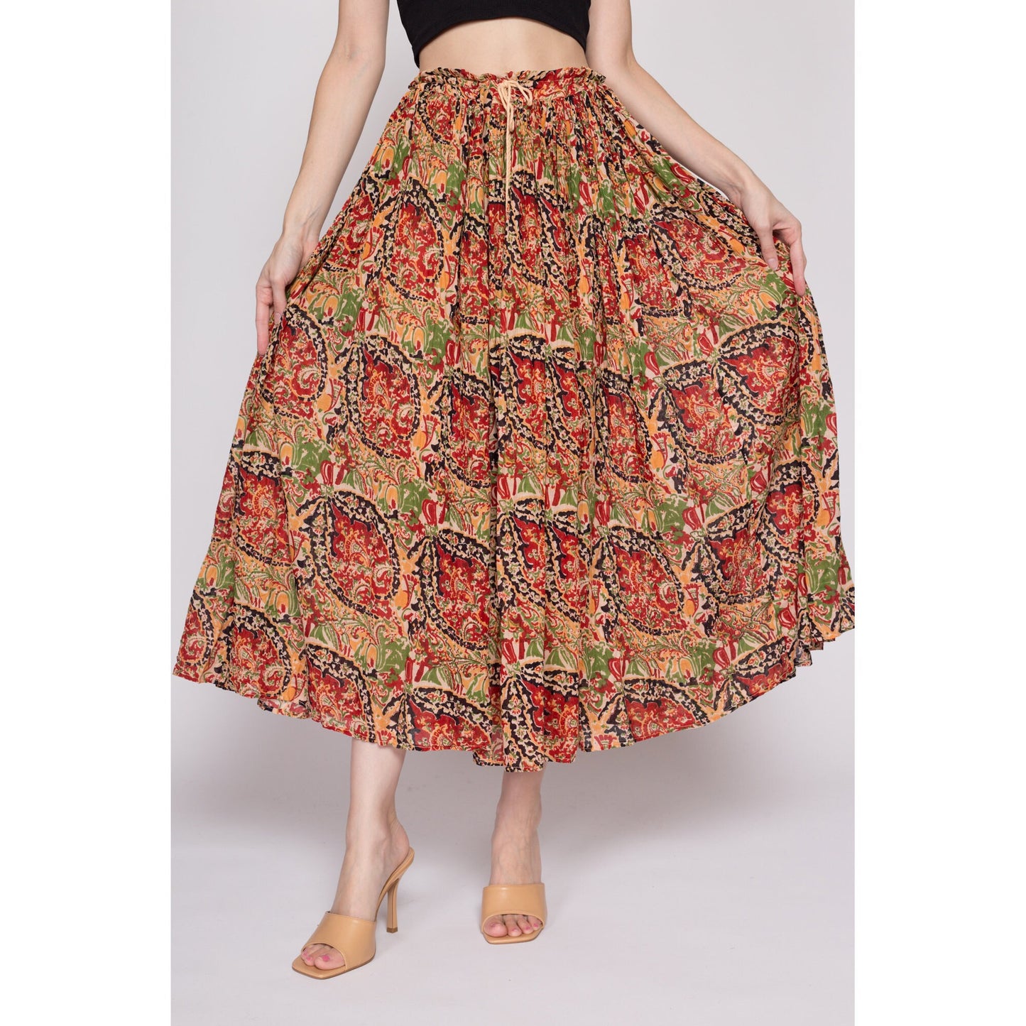 One Size 90s Boho Gauzy Cotton Broomstick Skirt | Vintage Made In India Sheer Crinkle Boho Festival Midi Maxi Skirt