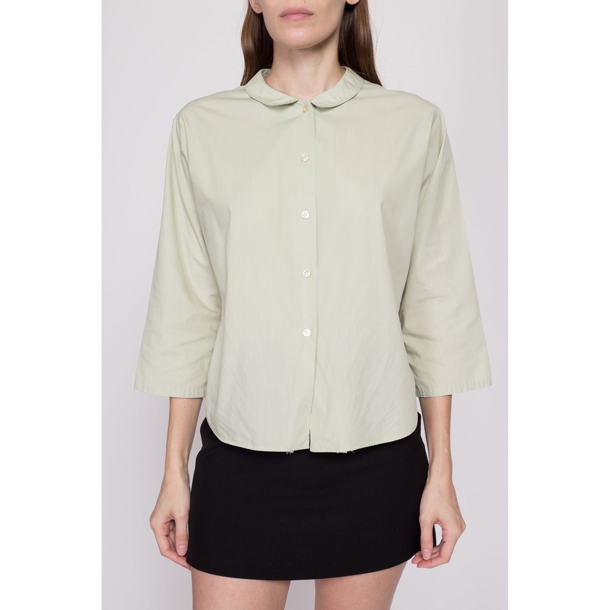 Large 50s 60s Sage Green Blouse | Vintage Peter Pan Collar Button Up 3/4 Sleeve Shirt