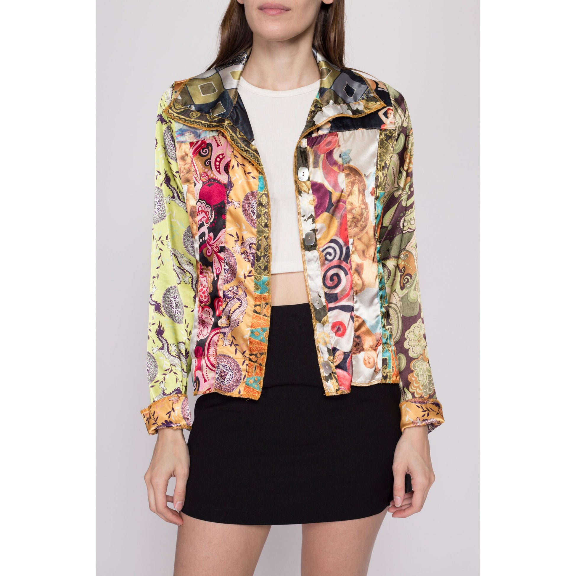 Medium 90s Baroque Patchwork Satin Cropped Jacket | Boho Collared Abalone Button Up Top