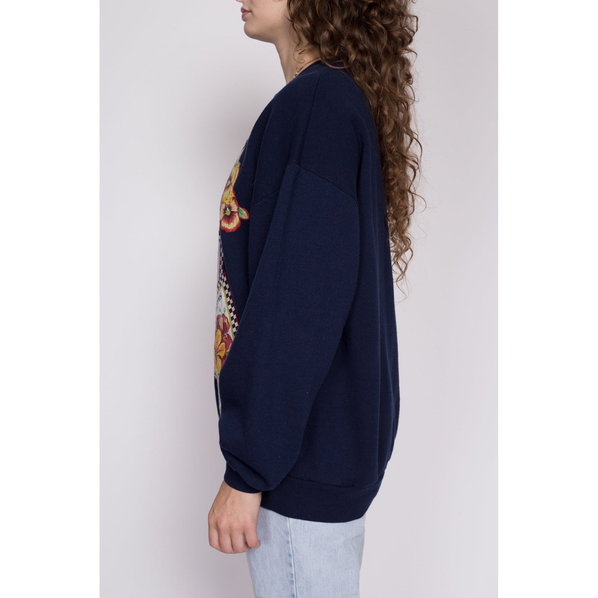 XL 90s Flower Seed Packets Graphic Sweatshirt | Vintage Navy Blue Floral Long Sleeve Crewneck