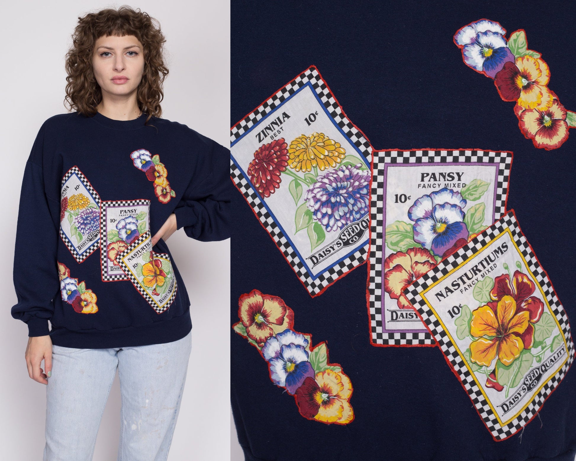 XL 90s Flower Seed Packets Graphic Sweatshirt | Vintage Navy Blue Floral Long Sleeve Crewneck