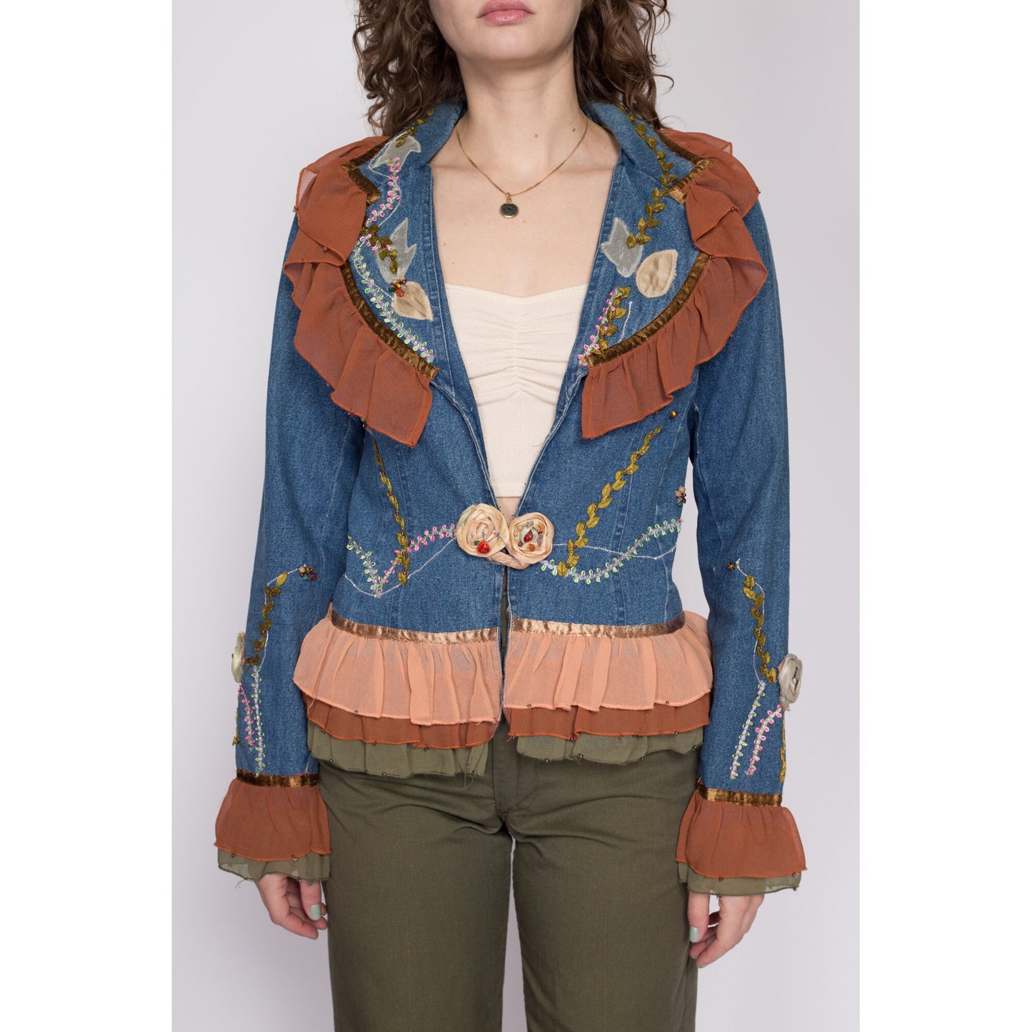 Small 90s Denim Chiffon Trim Embellished Blazer | Boho Vintage Floral Beaded Ruffle Jean Jacket