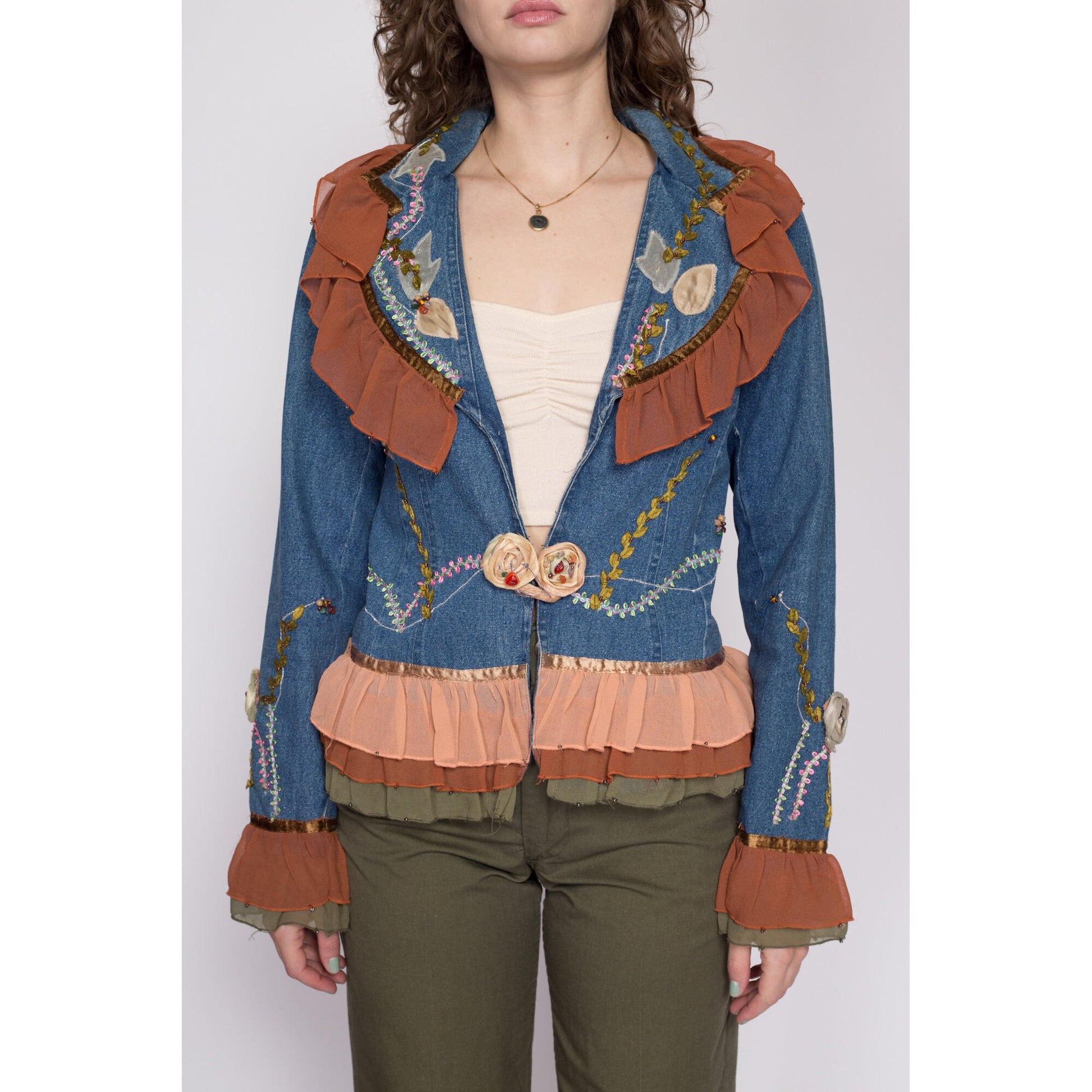 Small 90s Denim Chiffon Trim Embellished Blazer | Boho Vintage Floral Beaded Ruffle Jean Jacket