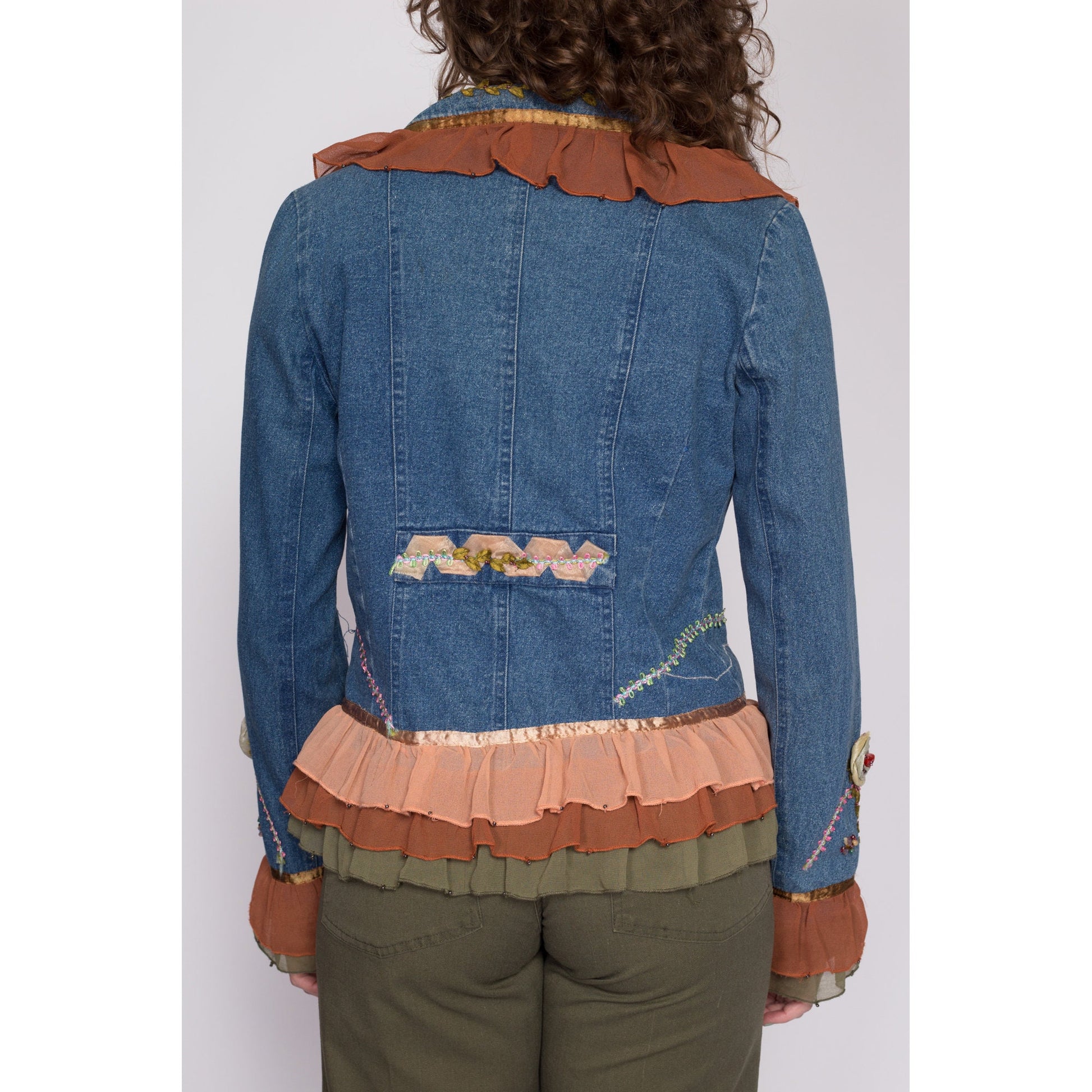 Small 90s Denim Chiffon Trim Embellished Blazer | Boho Vintage Floral Beaded Ruffle Jean Jacket