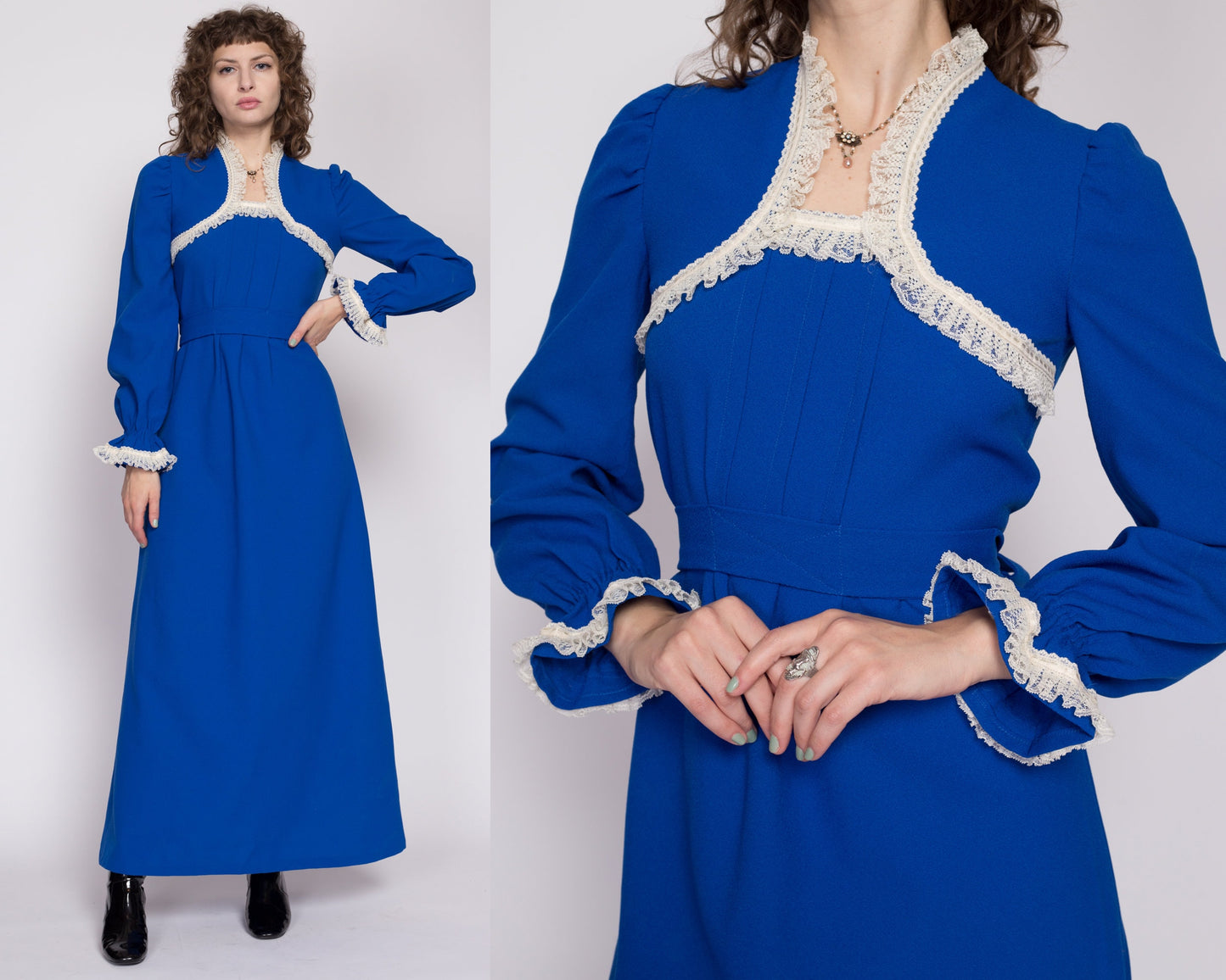 Small 70s Blue Victorian Lace Trim Maxi Dress | Vintage Long Sleeve Boho Prairie Gown