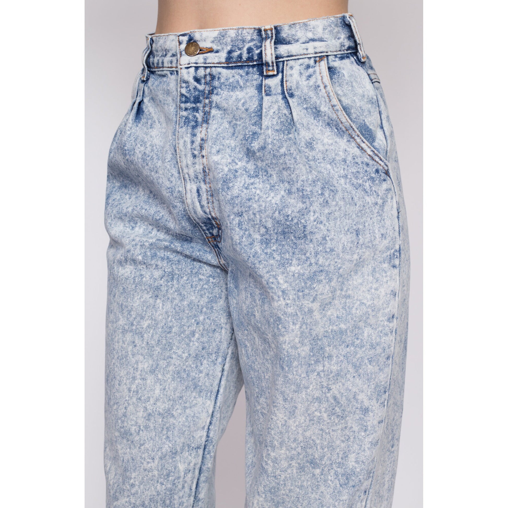 Medium 80s Acid Wash High Waisted Jeans 28.5" | Vintage Pleated Denim Tapered Leg Mom Jeans