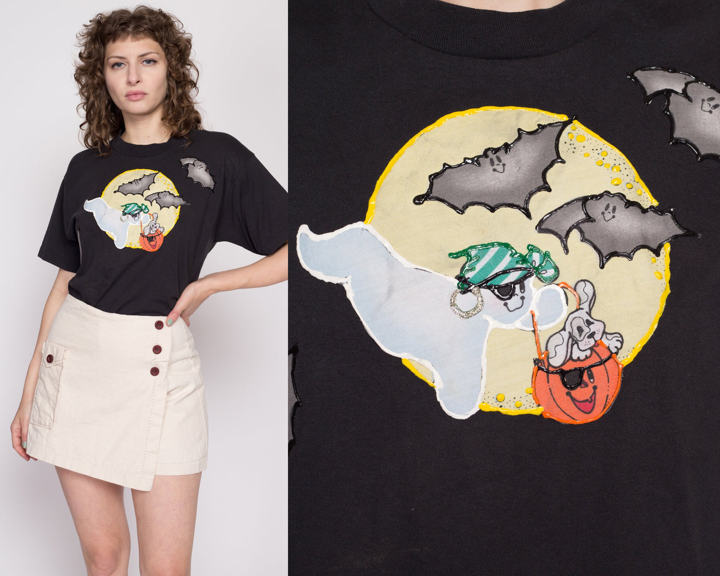 Large 90s Halloween Painted Full Moon Tee Unisex | Vintage Black Puff Paint Applique Ghost Bat Graphic T Shirt