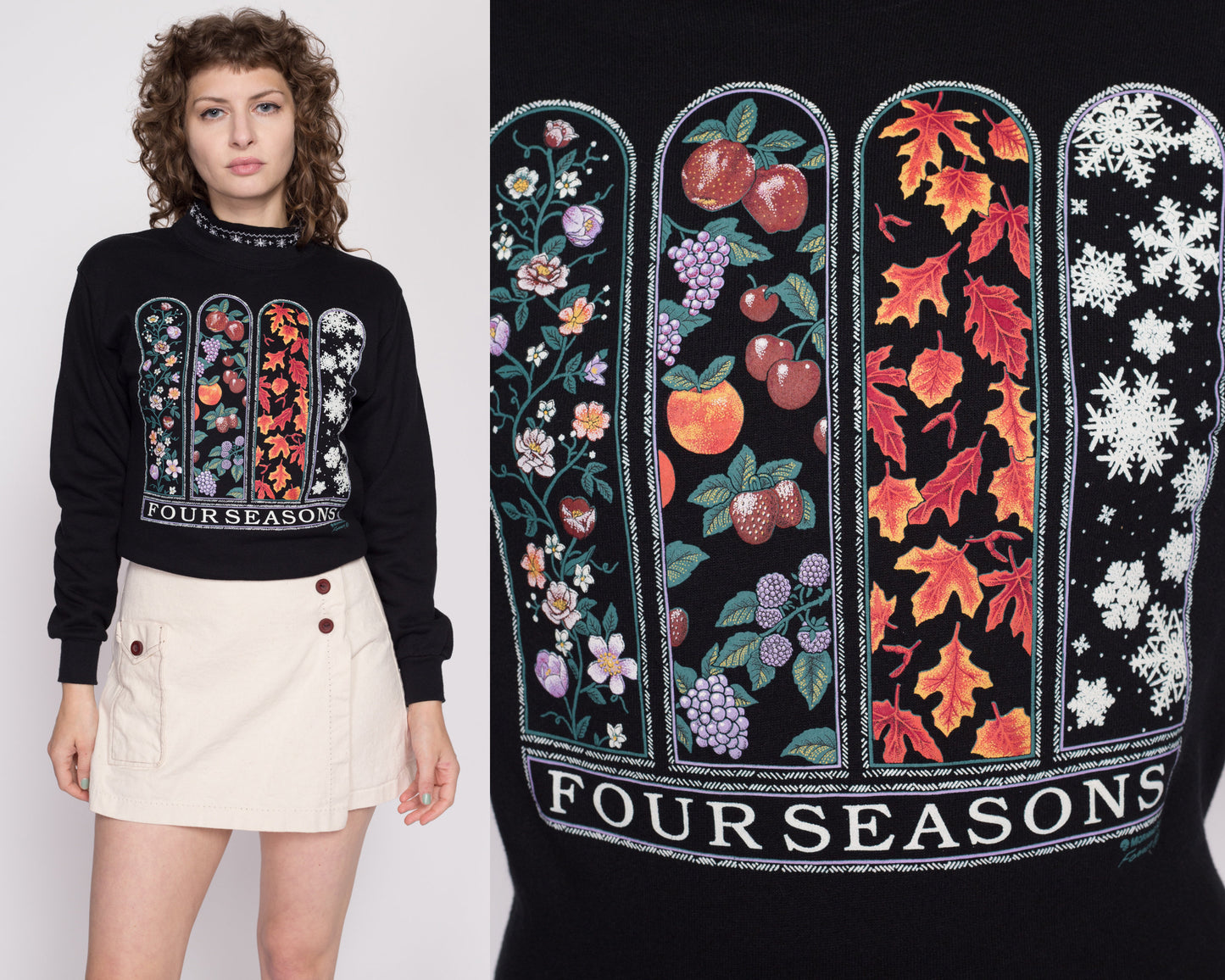 Small 90s Four Seasons Black Graphic Sweatshirt | Vintage Seasonal Crewneck Pullover