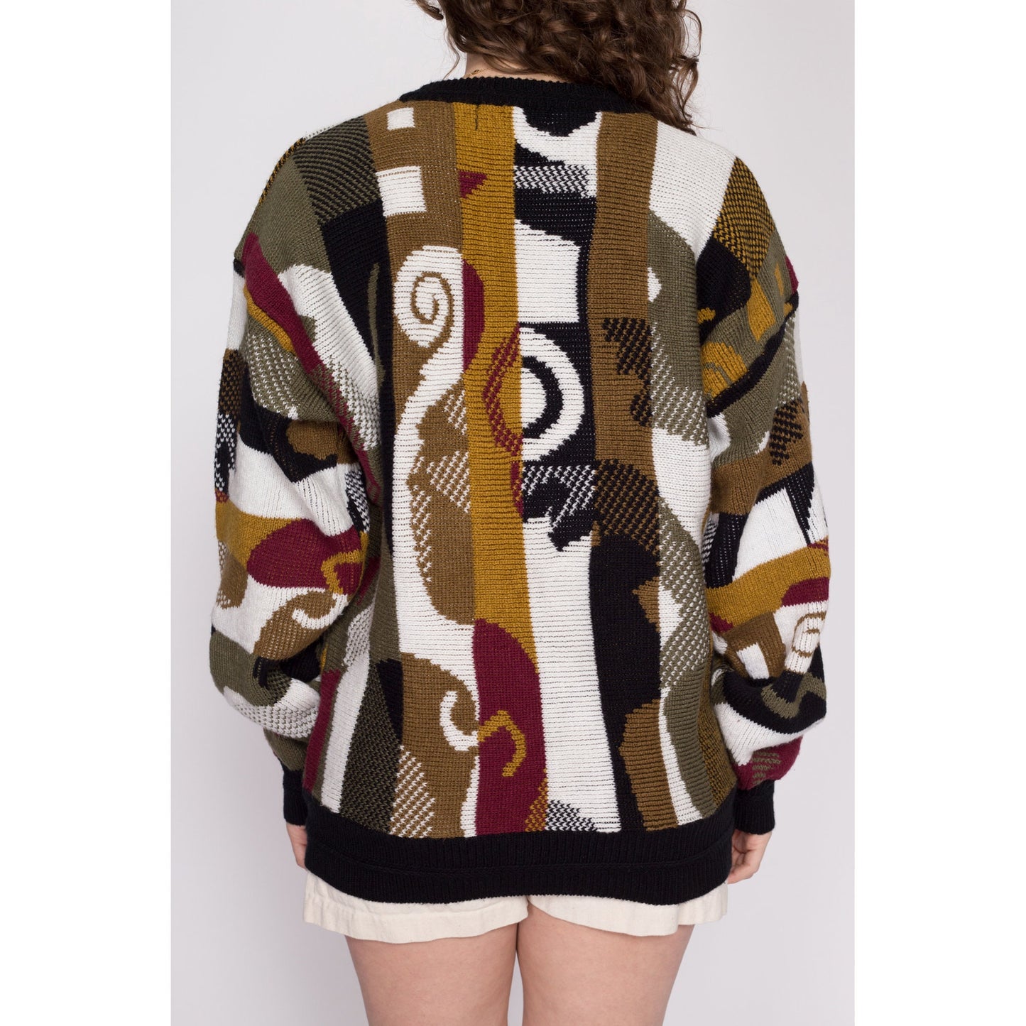 Lrg-XL 90s Abstract Slouchy Knit Sweater Unisex | Vintage Black Brown Striped Grunge Pullover
