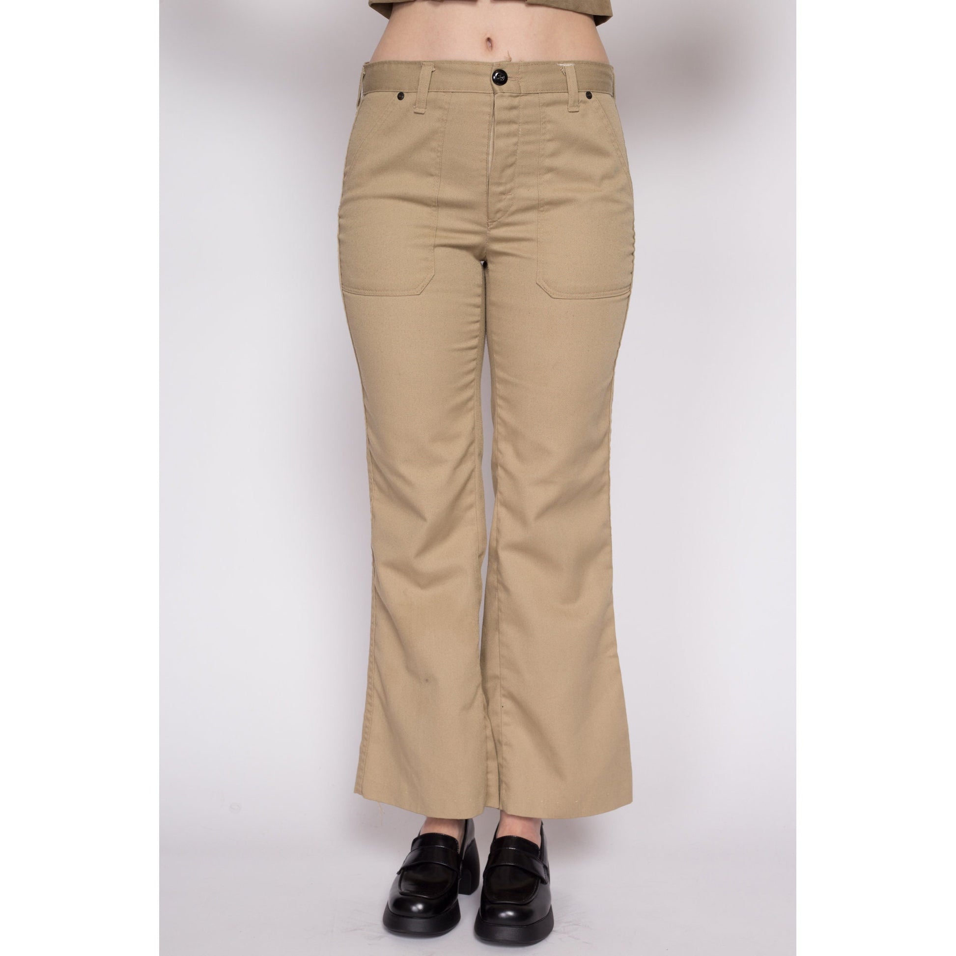 Small 70s Khaki Hip Hugger Rivet Flares | Vintage Mr. Leggs Mid Rise Retro Flared Leg Disco Trousers