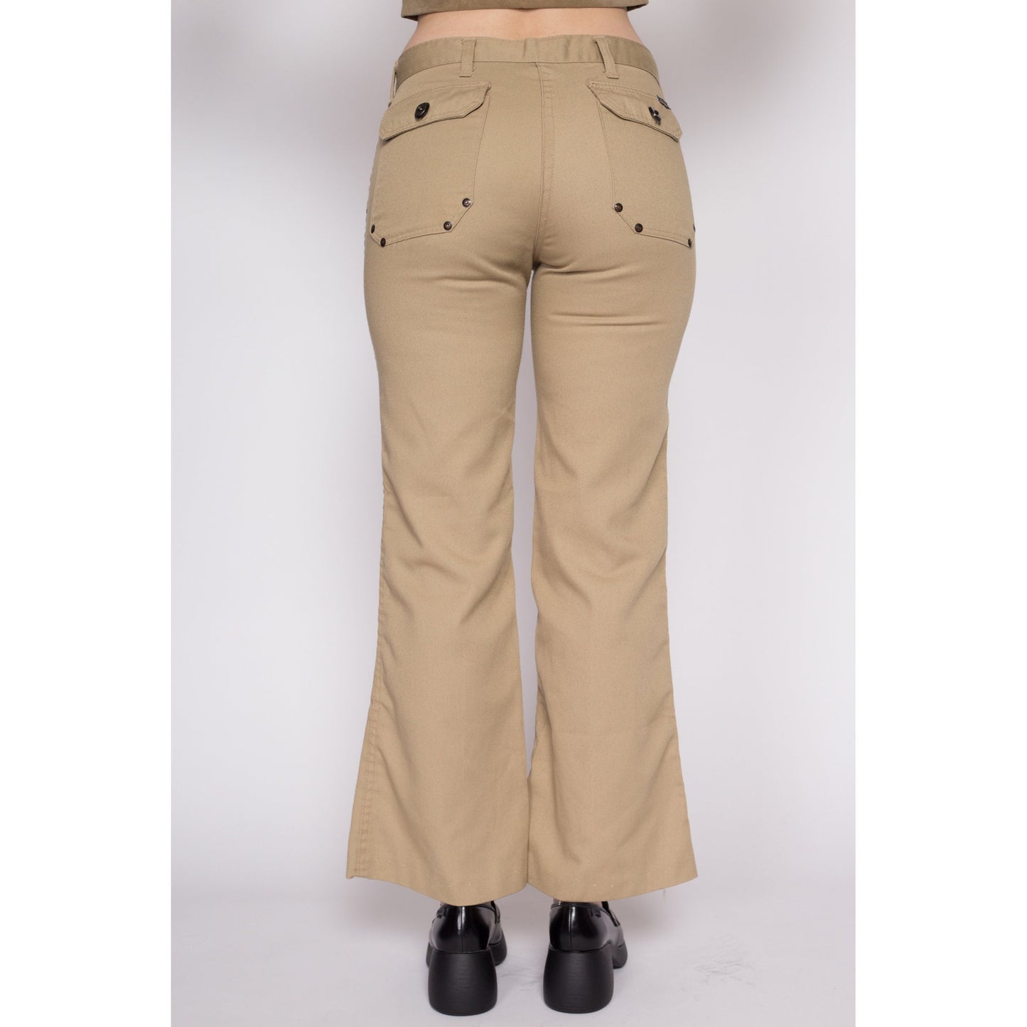 Small 70s Khaki Hip Hugger Rivet Flares | Vintage Mr. Leggs Mid Rise Retro Flared Leg Disco Trousers